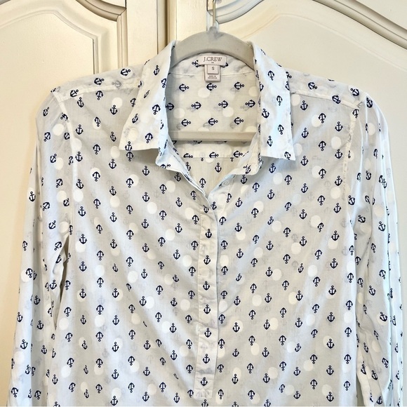 J Crew Factory Women’s Cotton Half Button-Down Top in Cream and Navy, Size Small - Picture 2 of 10